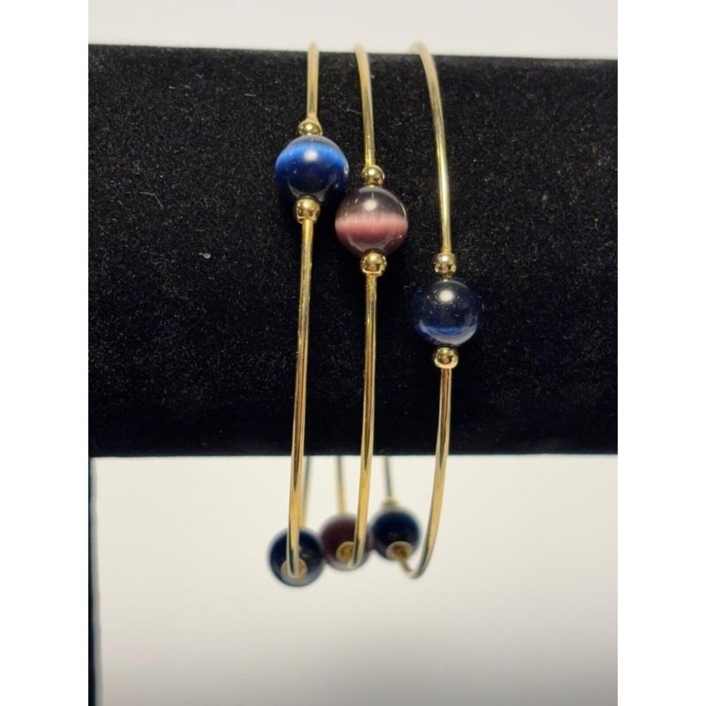 Delicate Gold Tone Bangles with Blue and Pink Bead Glass Bead Details Elegant